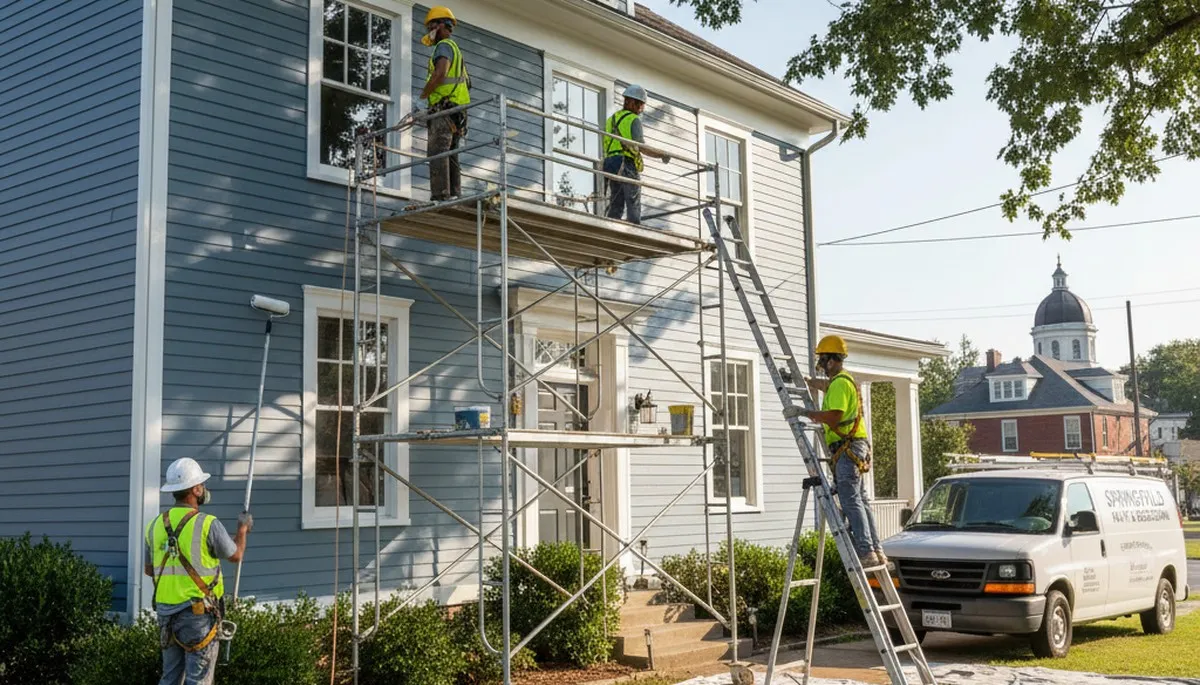 Professional Nashville, TN painters painting a home exterior for a residential repaint service